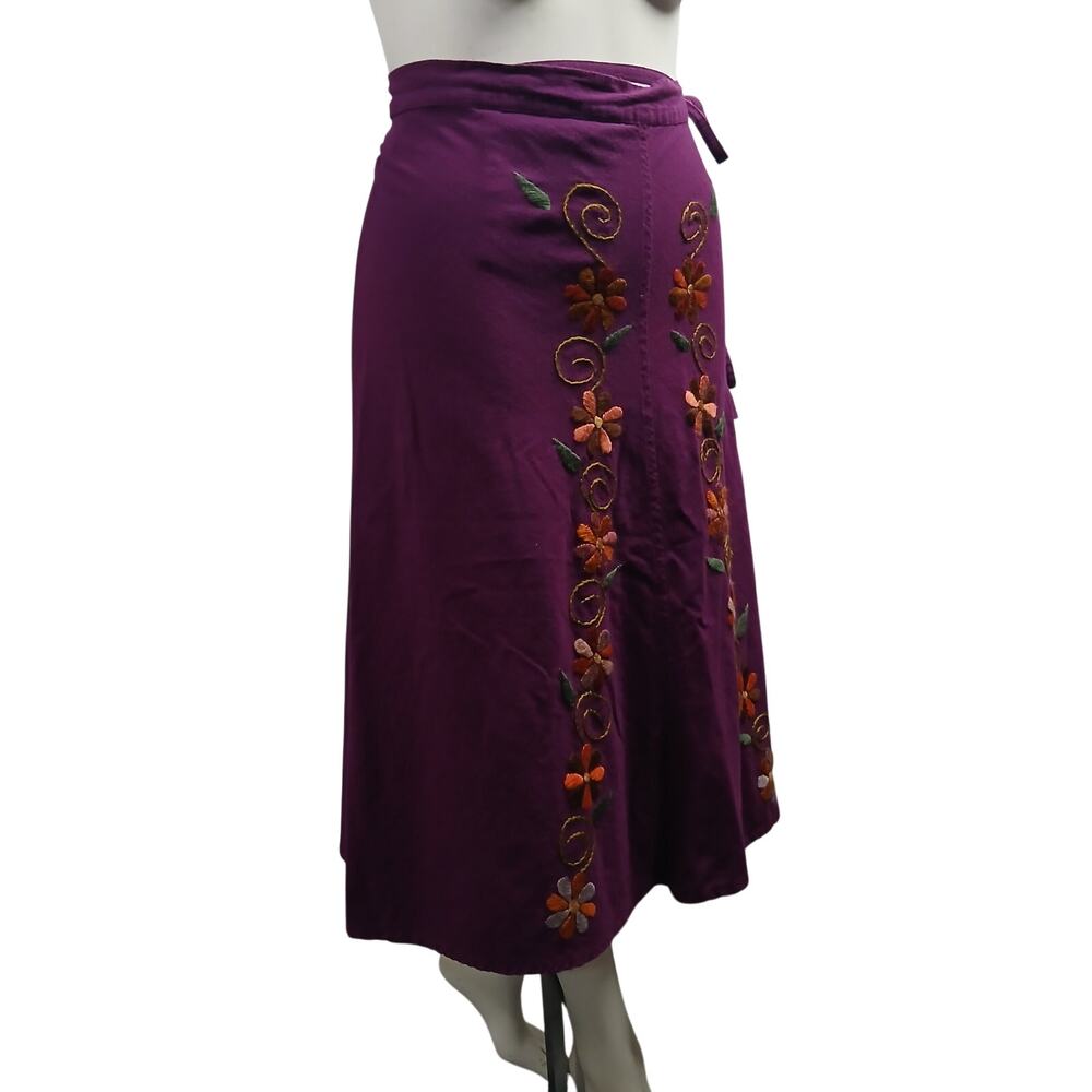 Vintage Guatemalan Cotton Embroidered Wrap Midi Skirt Purple Floral
